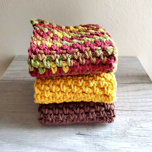 3 CROCHET DISHCLOTH WASHCLOTH 100% COTTON HANDMADE NEW Brown Yellow Green Fall - Picture 11 of 11